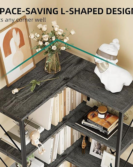 YITAHOME Corner Bookshelf, Industrial Corner Shelf 5 Tier Bookcase, Large Display Rack Storage for Bedroom, Living Room, Home Office,Charcoal Gray + Black - LeafyLoom