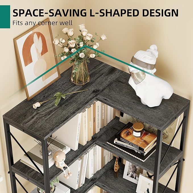 YITAHOME Corner Bookshelf, Industrial Corner Shelf 5 Tier Bookcase, Large Display Rack Storage for Bedroom, Living Room, Home Office,Charcoal Gray + Black - LeafyLoom