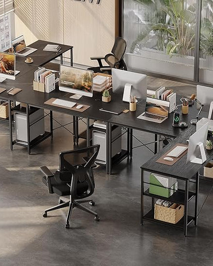 Bestier 95.2” L Shaped Desk, Reversible Corner Computer Desk or 2 Person Long Table with Adjustable Shelves, Large Writing Study Workstation with 3 Cable Holes - Black - LeafyLoom