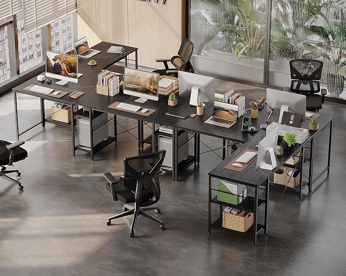 Bestier 95.2” L Shaped Desk, Reversible Corner Computer Desk or 2 Person Long Table with Adjustable Shelves, Large Writing Study Workstation with 3 Cable Holes - Black - LeafyLoom