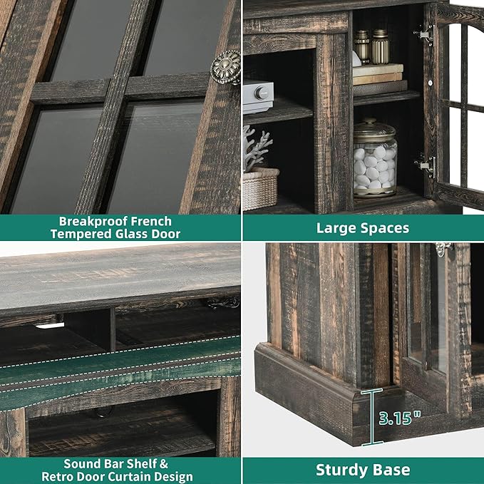 YITAHOME LED Farmhouse TV Stand for TV up to 65" w/Outlets, Highboy Media Entertainment Center Console Table Adjustable Storage Shelves &Cabinet Glass Door for 400lbs for Living Room, Dark Rustic Oak - LeafyLoom