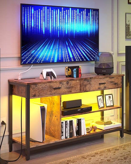 IRONCK TV Stand LED Lights, Entertainment Center with Power Outlet for 55 Inch TV, Industrial TV Console with Media Storage Shelf and 2 Large Drawers,for Bedroom/Living Room, Vintage Brown - LeafyLoom