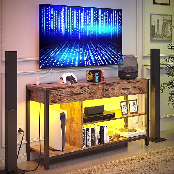 IRONCK TV Stand LED Lights, Entertainment Center with Power Outlet for 55 Inch TV, Industrial TV Console with Media Storage Shelf and 2 Large Drawers,for Bedroom/Living Room, Vintage Brown - LeafyLoom