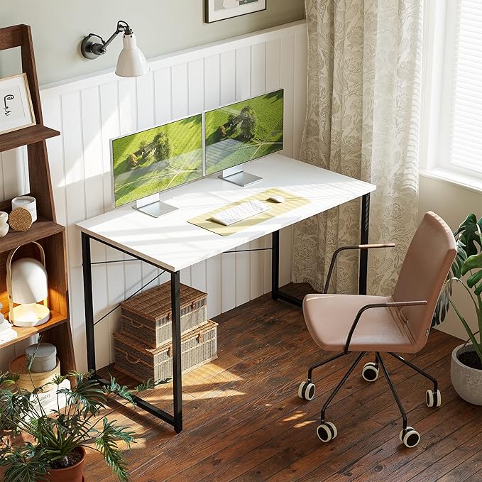 BANTI Computer Desk, 47 inch Home Office Desk, Modern Simple Style PC Table for Home, Office, Study, Writing, White - LeafyLoom