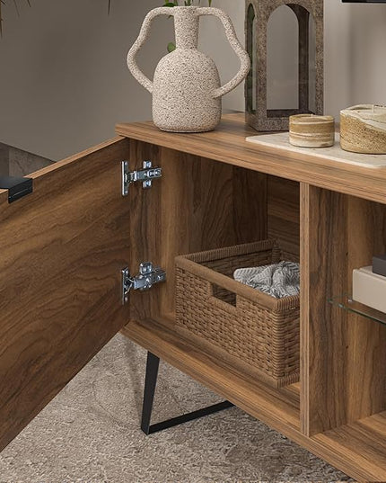 Atelier Mobili Mid Century Modern TV Stand Farmhouse TV Stand Entertainment Center for Living Room | Walnut TV Stand with Glass Shelf | Fits 80 Inch TV | Soft Closing Hinges | Storage for Bedroom - LeafyLoom