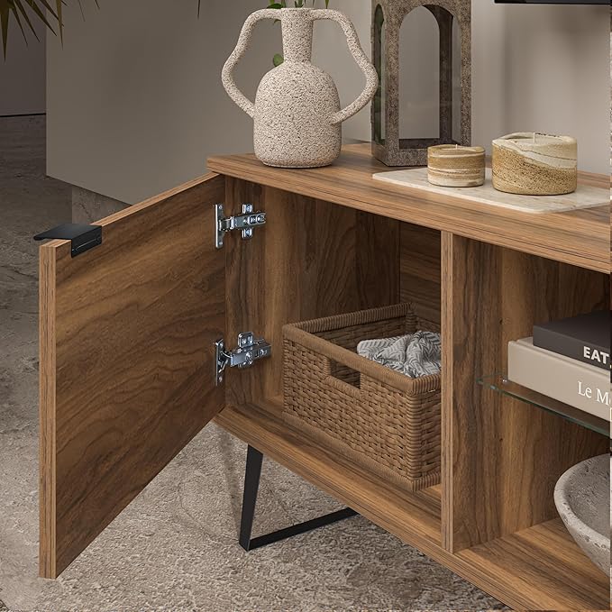 Atelier Mobili Mid Century Modern TV Stand Farmhouse TV Stand Entertainment Center for Living Room | Walnut TV Stand with Glass Shelf | Fits 80 Inch TV | Soft Closing Hinges | Storage for Bedroom - LeafyLoom