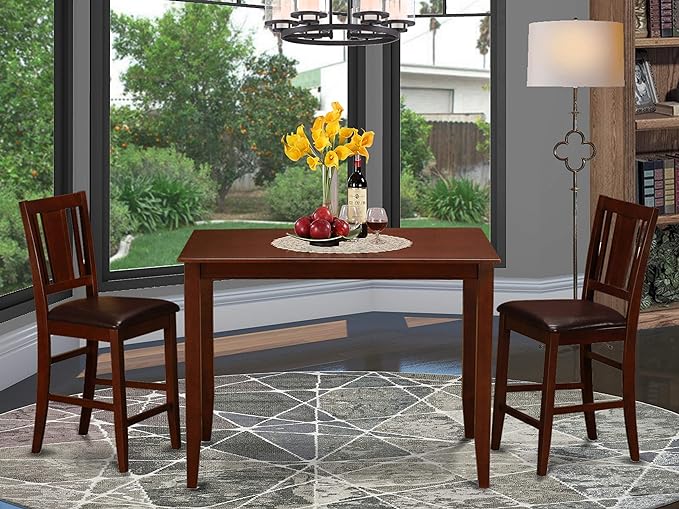 East West Furniture BUCK3-MAH-LC Buckland 3 Piece Counter Height Set for Small Spaces Contains a Rectangle Kitchen Table and 2 Faux Leather Dining Room Chairs, 30x48 Inch - LeafyLoom