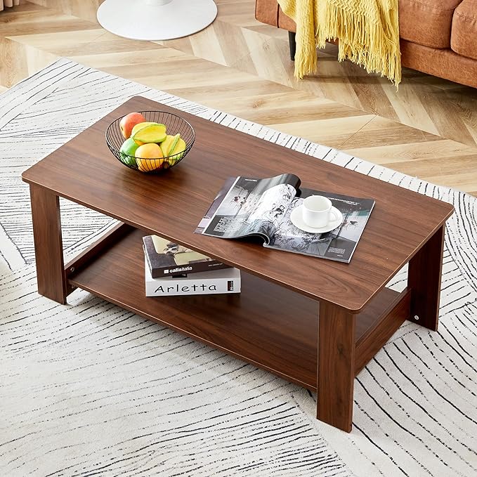 Farmhouse Wood Coffee Table - Boho Tea Table with Storage Shelf, Rectangle Center Table Wood Look Accent Table, 2-Tier Sofa Side Table Modern Rectangular Coffee Table Living Room Furniture - LeafyLoom