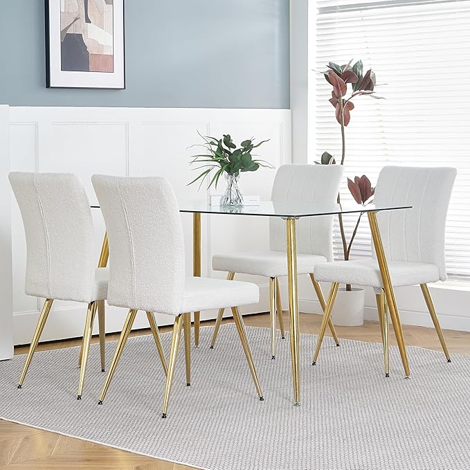 Modern Dining Chairs Set of 4, Side Dining Room Chairs with Gold Plated Metal Legs, Kitchen Chairs with Fabric Accent, Upholstered Chairs for Dining Room, Kitchen, Living Room, Beige - LeafyLoom