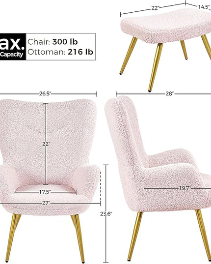 Yaheetech Accent Chair with Ottoman, Boucle Fabric Armchair Footstool, Modern and Cozy Vanity Chair with Golden Legs for Living Room, Lounge, Makeup Room, Bedroom, Pink - LeafyLoom