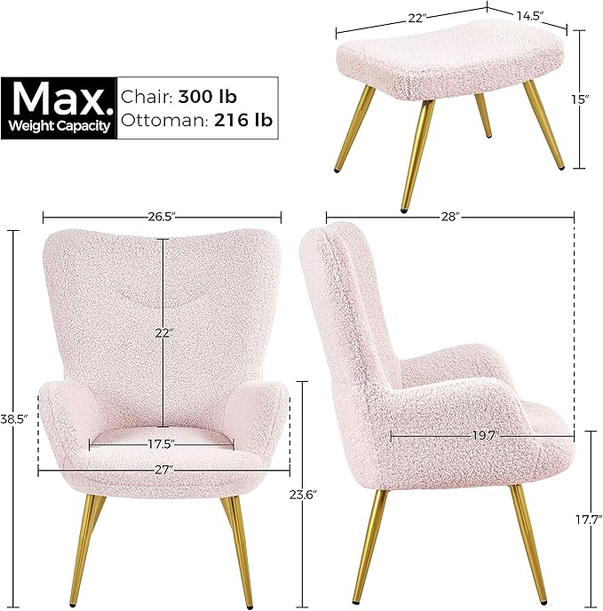 Yaheetech Accent Chair with Ottoman, Boucle Fabric Armchair Footstool, Modern and Cozy Vanity Chair with Golden Legs for Living Room, Lounge, Makeup Room, Bedroom, Pink - LeafyLoom