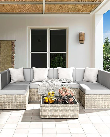 Pamapic Outdoor Sectional Furniture for 6,Wicker Patio Furniture,All-Weather Gray PE Rattan Sectional Sofa, Conversation Set with Washable Cushions Covers and Coffee Table for Garden Poolside - LeafyLoom
