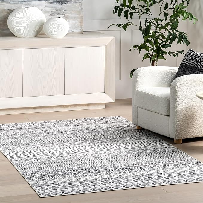 nuLOOM Kira Machine Washable Tribal Geometric Ultra Thin Area Rug, 8x10, Grey - LeafyLoom