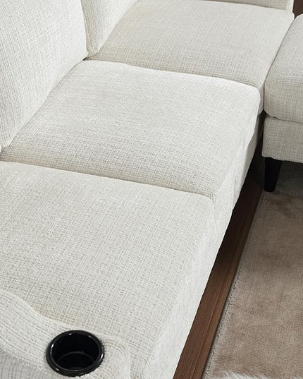 77.36" Modern Chenelle Polyester Sectional Sofa,L-Shaped Couch with Storage Ottoman,3 Seat Interior Furniture W/Pockets and Both Armrests Contain Cup Holders,for Dorm,Apartment,Studio,Beige - LeafyLoom