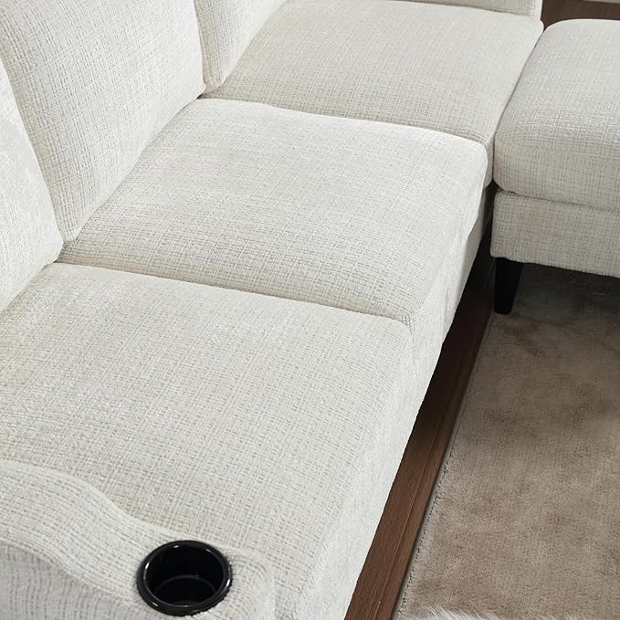 77.36" Modern Chenelle Polyester Sectional Sofa,L-Shaped Couch with Storage Ottoman,3 Seat Interior Furniture W/Pockets and Both Armrests Contain Cup Holders,for Dorm,Apartment,Studio,Beige - LeafyLoom