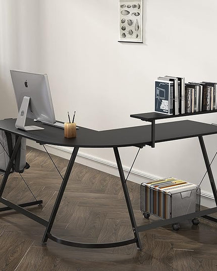 SHW Vista L-Shape Desk with Monitor Stand, Black - LeafyLoom