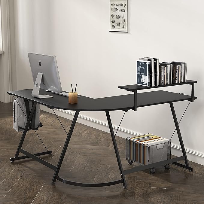 SHW Vista L-Shape Desk with Monitor Stand, Black - LeafyLoom
