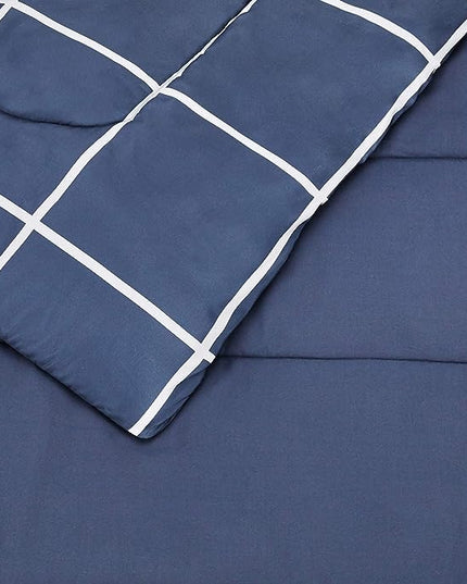 Amazon Basics Lightweight Microfiber Bed-in-a-Bag Comforter 7-Piece Bedding Set, Full/Queen, Navy with Grey Plaid - LeafyLoom
