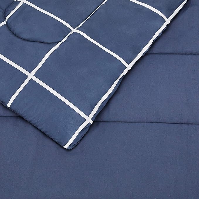 Amazon Basics Lightweight Microfiber Bed-in-a-Bag Comforter 7-Piece Bedding Set, Full/Queen, Navy with Grey Plaid - LeafyLoom