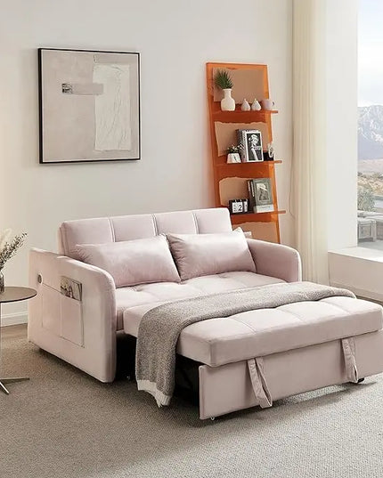 Velvet Tufted Convertible Pull Out Sofa Bed , 3 in 1 Multi-Functional Futon Lounge Chair Sleeper Couch Bed, Pullout Sofá with Adjustable Backrest and USB Ports for Living Room Small Space Apartment - LeafyLoom