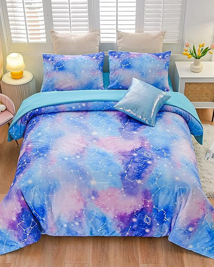 Btargot Lightweight Microfiber 6 Piece Comforter Set, Tie Dye Galaxy Constellation Pattern Bedding Set for Boys Girls Teen, Queen Blue Purple - LeafyLoom