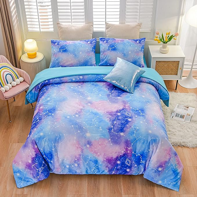 Btargot Lightweight Microfiber 6 Piece Comforter Set, Tie Dye Galaxy Constellation Pattern Bedding Set for Boys Girls Teen, Queen Blue Purple - LeafyLoom