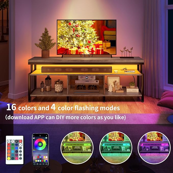 YITAHOME LED Television Stands w/Power Outlets for 70/65 inch, Modern Industrial TV Stand, Entertainment Center w/Open Storage TV Table, Entertainment Center for 360lbs for Living Room, Gray - LeafyLoom