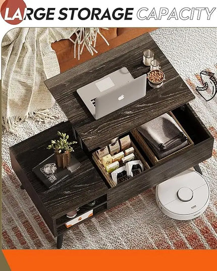 WLIVE Wood Lift Top Coffee Table with Hidden Compartment and Adjustable Storage Shelf, Lift Tabletop Dining Table for Home Living Room, Office, Charcoal Black - LeafyLoom
