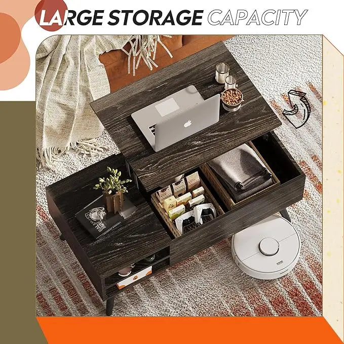 WLIVE Wood Lift Top Coffee Table with Hidden Compartment and Adjustable Storage Shelf, Lift Tabletop Dining Table for Home Living Room, Office, Charcoal Black - LeafyLoom
