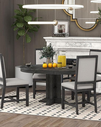 5-Piece Farmhouse Extendable Dining Table Set for 4, Including Round Wooden Tabletop, 4 Upholstered Chairs, Ideal for Kitchen, Living Room, Black, Onesize - LeafyLoom