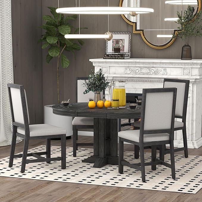 5-Piece Farmhouse Extendable Dining Table Set for 4, Including Round Wooden Tabletop, 4 Upholstered Chairs, Ideal for Kitchen, Living Room, Black, Onesize - LeafyLoom
