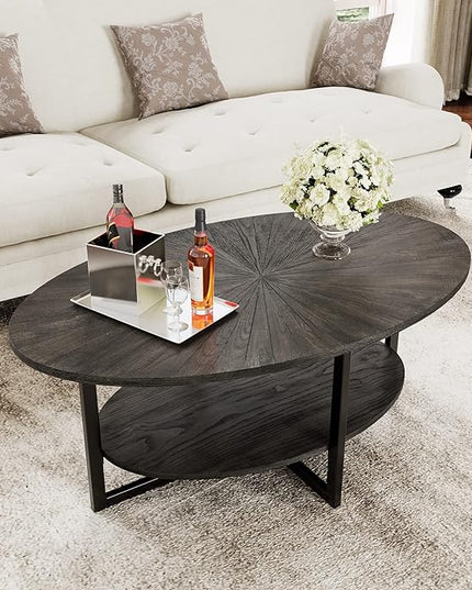 Solid Wood Oval Coffee Table with Cross Metal Legs, 43.3in Modern Industrail Center Table with Open Shelf Cocktail Tea Table for Living Room Bedroom, Rustic Black 1811BK - LeafyLoom