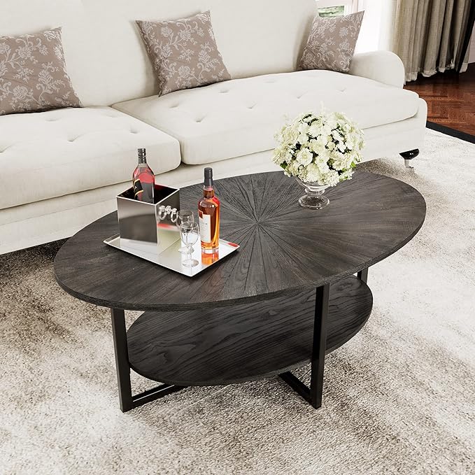 Solid Wood Oval Coffee Table with Cross Metal Legs, 43.3in Modern Industrail Center Table with Open Shelf Cocktail Tea Table for Living Room Bedroom, Rustic Black 1811BK - LeafyLoom