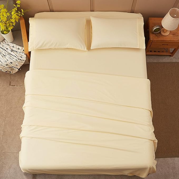 SONORO KATE Bed Sheet Set Super Soft Microfiber 1800 Thread Count Luxury Egyptian Sheets 18-Inch Deep Pocket Wrinkle-4 Piece(California King Ivory) - LeafyLoom