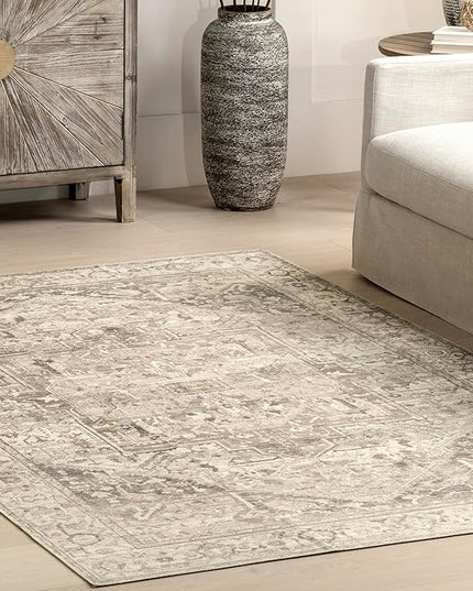 nuLOOM 6 Square Machine Washable Rain Haven Vintage Medallion Area Rug, Grey, Traditional Faded Design, Non-Slip Backing, Stain Resistant, For Bedroom, Dining Room, Living Room, Kitchen - LeafyLoom