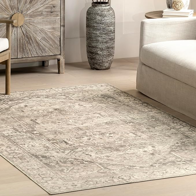 nuLOOM 6 Square Machine Washable Rain Haven Vintage Medallion Area Rug, Grey, Traditional Faded Design, Non-Slip Backing, Stain Resistant, For Bedroom, Dining Room, Living Room, Kitchen - LeafyLoom