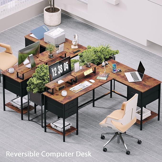 L Shaped Computer Desk with Power Outlets, 59 inch Reversible Home Office Desk with Storage Shelves & 2 Monitor Stands, Gaming Desk with 4 Fabric Drawers for Bedroom, Rustic Brown - LeafyLoom