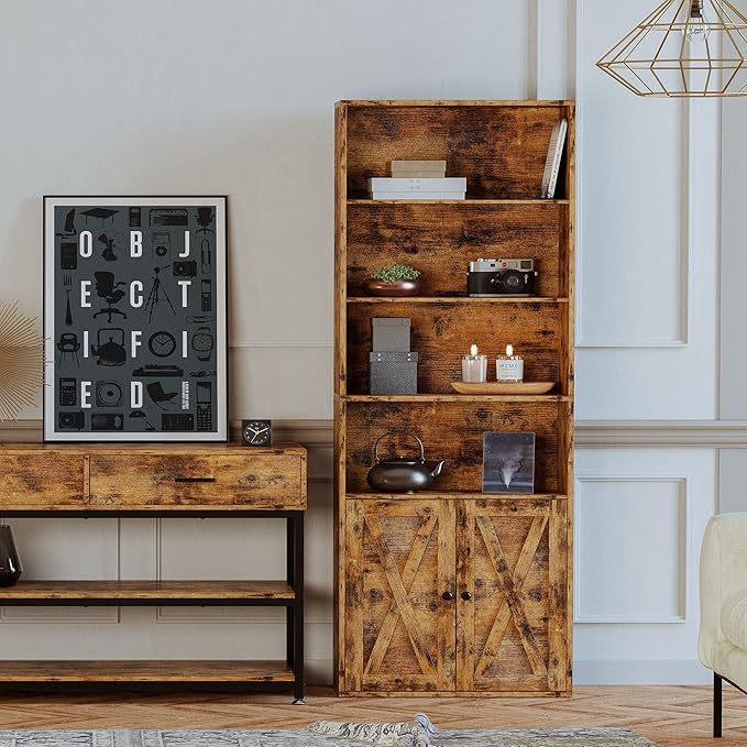 IRONCK Industrial Bookshelves and Bookcases with Doors Floor Standing 6 Shelf Display Storage Shelves 70 in Tall Bookcase for Home Office, Living Room - LeafyLoom