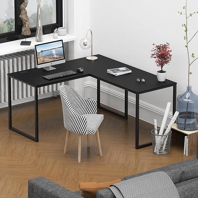 SHW Home Office 55-Inch Large L Shaped Corner Desk, 24" Deep, Black - LeafyLoom