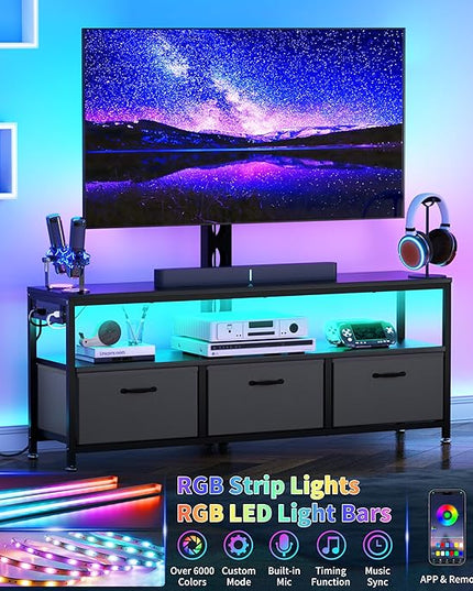 JUSTOGO TV Stand with Mount and Power Outlet, TV Stand Mount with Storage for Living Room, Entertainment Center with LED Lights for 45/55/60/65 inch TVs, Height Adjustable Media Console, Black - LeafyLoom