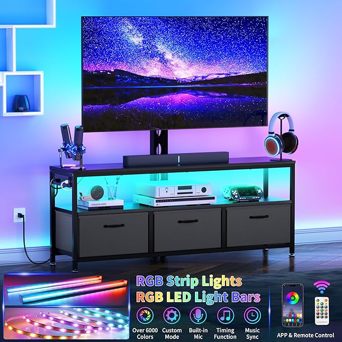 JUSTOGO TV Stand with Mount and Power Outlet, TV Stand Mount with Storage for Living Room, Entertainment Center with LED Lights for 45/55/60/65 inch TVs, Height Adjustable Media Console, Black - LeafyLoom