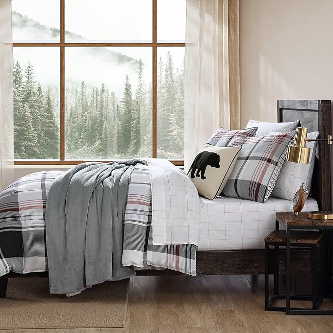Eddie Bauer- Queen Comforter Set, Reversible Microsuede Bedding with Matching Sham(s), Casual Home Decor (Normandy Plaid Black, Queen) - LeafyLoom