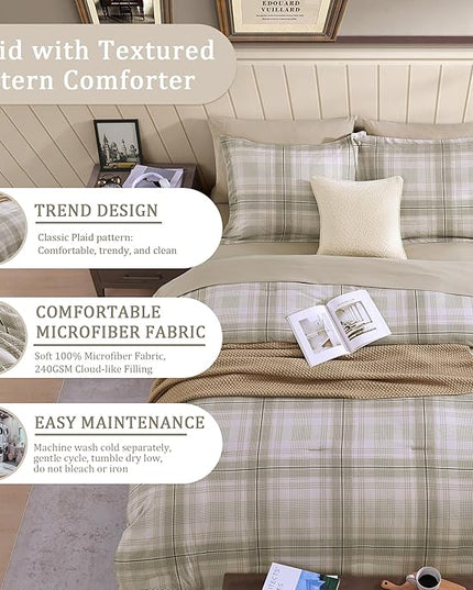 Beige Queen Bed Set, Khaki Green Plaid Comforters Queen Size for Boys & Girls,Classic Homestead-style Queen Size Comforter Sets with Sheets and Comforter Set - LeafyLoom