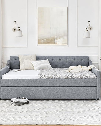 Full Size Upholstery modern linen Daybed, Trundle sofaBed,Armrest with USB charging end pull out Button Tufted Armrest side with pocket,for Bedroom Living Room - LeafyLoom