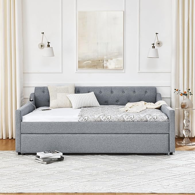 Full Size Upholstery modern linen Daybed, Trundle sofaBed,Armrest with USB charging end pull out Button Tufted Armrest side with pocket,for Bedroom Living Room - LeafyLoom