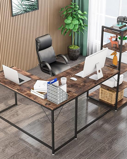 79 Inch Reversible L-Shaped Desk, Large Corner Computer Desk with 5 Tier Storage Shelves - LeafyLoom
