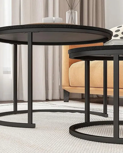 Round Coffee Table Set of 2 End Tables for Living Room,Black Coffee Table Nesting Tables,Living Room Table Wooden Accent Furniture Metal Frame,Sturdy Stacking Side Tables,Easy Assembly - LeafyLoom