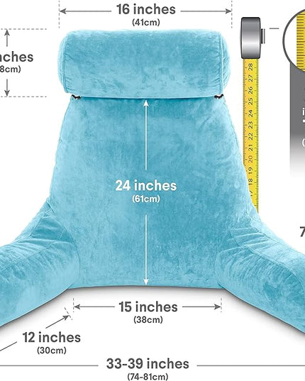 Husband Pillow XXL Carolina Blue Backrest with Arms, Adult Reading Pillow Shredded Memory Foam, Ultra-Comfy Removable Microplush Cover & Detachable Neck Roll, Unmatched Support Bed Rest Sit Up Pillow - LeafyLoom