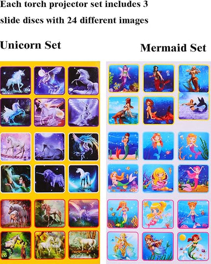 Georgie Porgy Children Projector Toys Educational Science Set Wall Ceiling Tent Torch Flashlight for Kids Gifts for Boys Girls with 2pcs Tattoo Stickers (Unicorn + Mermaid) - LeafyLoom