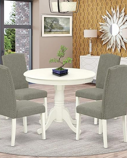 East West Furniture ANEN5-LWH-06 Antique 5 Piece Room Furniture Set Includes a Round Kitchen Table with Pedestal and 4 Dark Shitake Linen Fabric Parsons Dining Chairs, 36x36 Inch - LeafyLoom